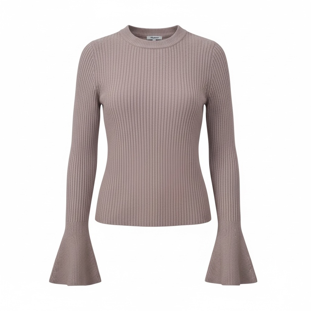 Madewell Rose/Taupe Ribbed Crewneck Sweater with Bell Sleeves - Size Small